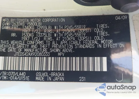 2009 Toyota Highlander Limited из США, поврежденный, VIN JTEDS42AX92080333